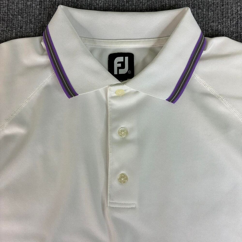 FootJoy FJ Golf Polo Shirt Men’s Large White Purple Stripe Collar Performance